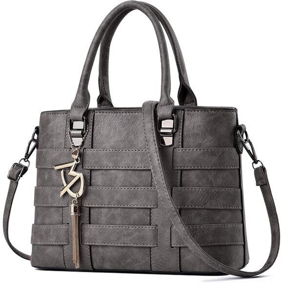 PU Leather Weave Grey Shoulder Bag for Women Elegant Top Handle Designer Purse - Picture 1 of 8